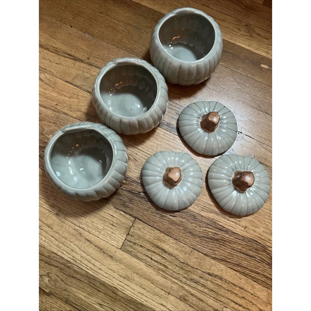 Vintage Williams-Sonoma Pumpkin Soup Bowls with Lids Sage Green NEVER USED
